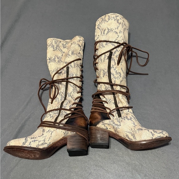 Freebird Coal Size 7 Snakeskin Leather Lace-Up Mid-Calf Heeled Boots - Picture 4 of 9